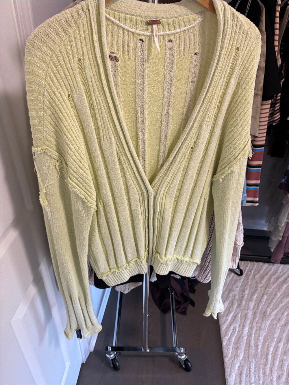 Free People Pale Green Distressed Open-Front Ribbed Cardigan